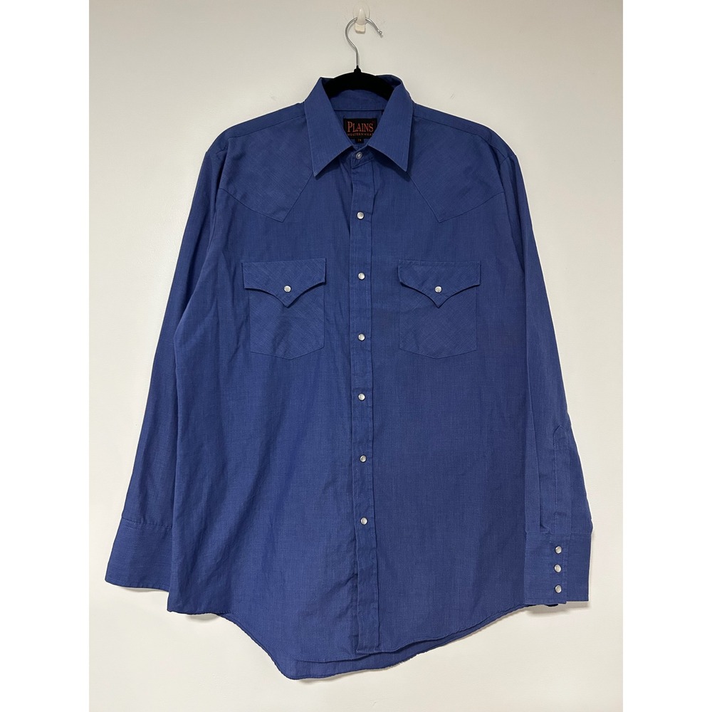 Plains Western Wear Men Blue Pearl Snap Long Sleeve Western Shirt Medium 15E3612